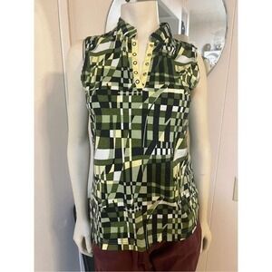 Jamie Sadock Womens Medium Pullover Golf Top Green Abstract Sleeveless Snap Neck